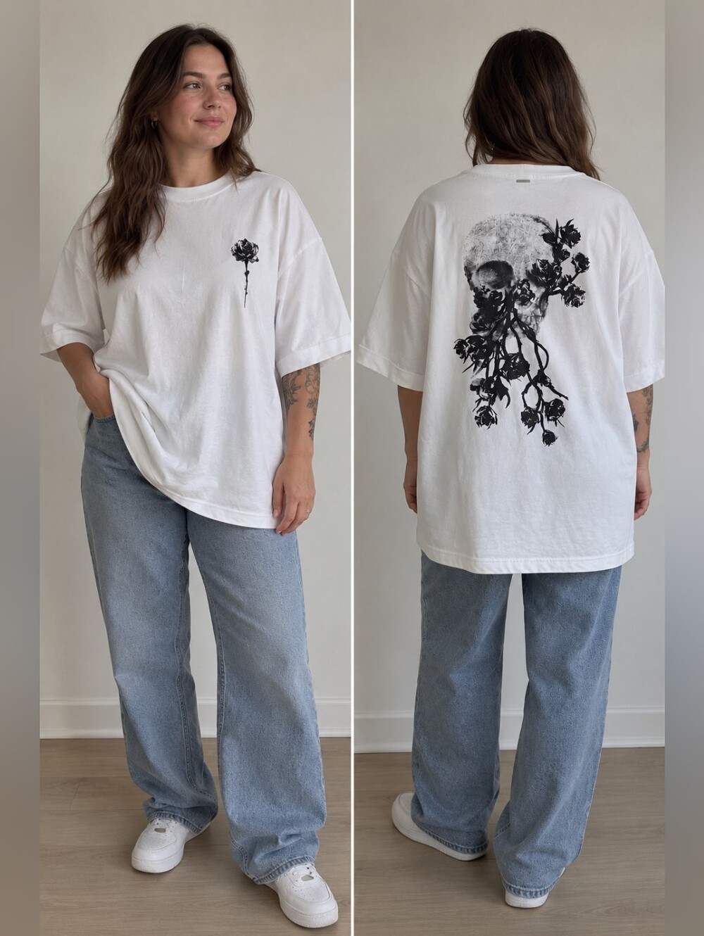JOELLE Oversized Skull & Rose Graphic T-Shirt White Size L/XL